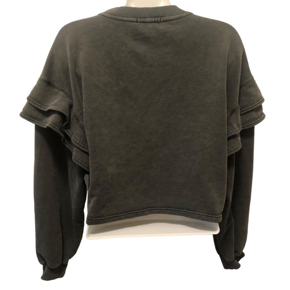 7 For All Mankind Ruffled Shoulder Crop Sweatshirt Sz. S Gray Raw Seams Casual - Picture 5 of 8